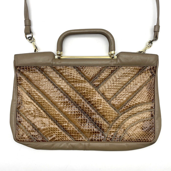 Vintage 70s Bags by Supreme Beige Leather & Python Skin Top Handle Shoulder Bag - Picture 3 of 16